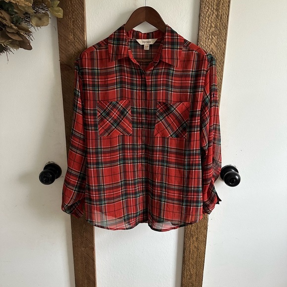 Y2K Decree Plaid Blouse Semi-Sheer Red Teal Yellow Button Front Women’s Medium - Picture 6 of 16